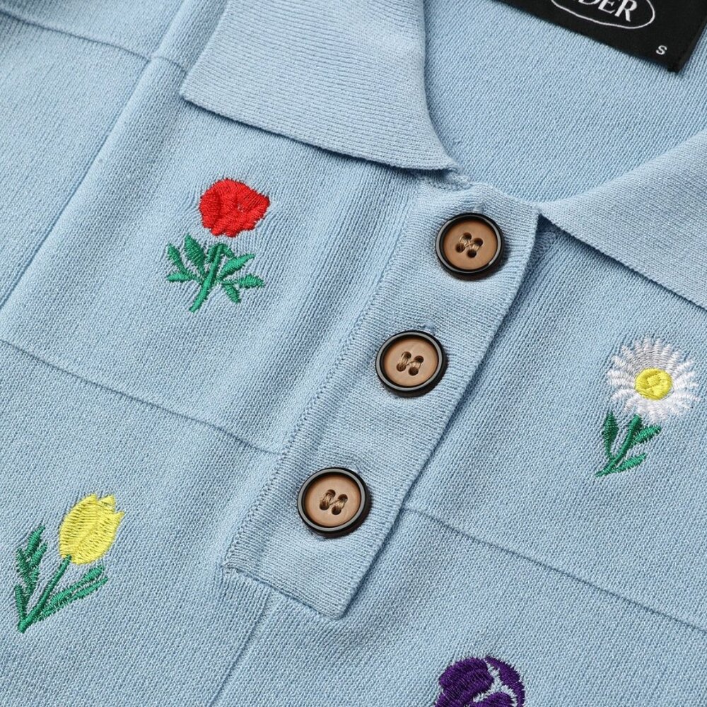 Cider Retro Pale Blue Collar Flowery Crop Embroidery Polo Top - Picture 10 of 10